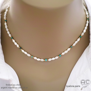 Collier ras de cou fin nacre blanche et turquoise plaqué or ou argent fait man sur mesure création by Alicia