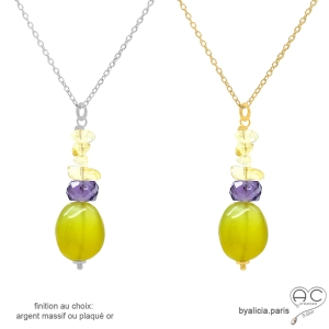 collier pendentif pierres naturelles calcédoine verte, améthyste, citrine, plaqué or ou argent, fait main en France