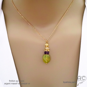 Collier pendentif en calcédoine verte, citrine et améthyste, pierres naturelles, fait main, création by Alicia