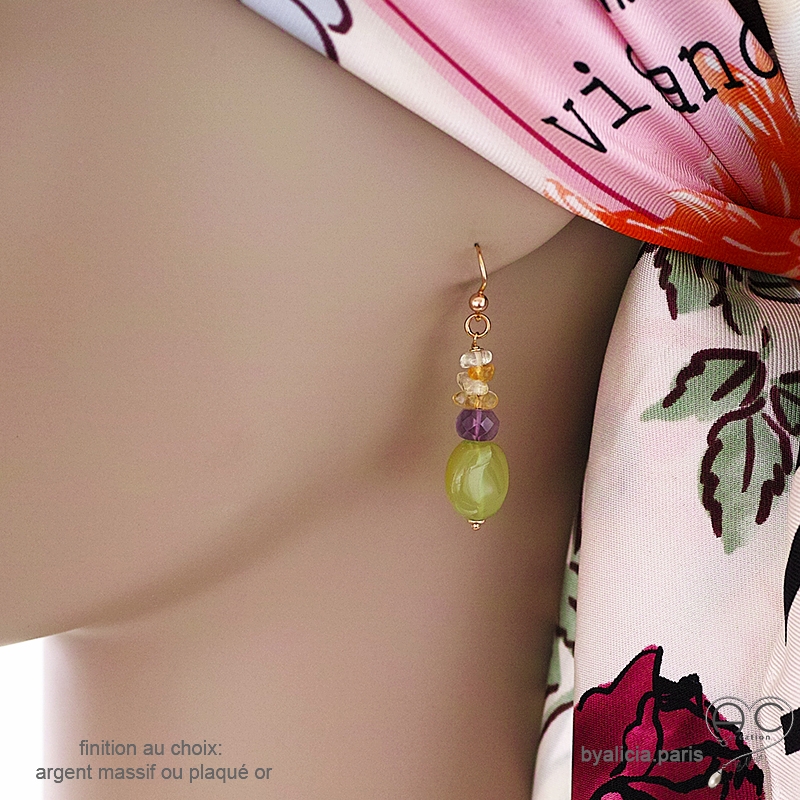 Boucles d'oreilles en calcédoine verte, citrine et améthyste, pierres naturelles, fait main, création by Alicia