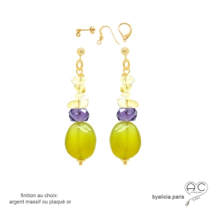 Boucles d'oreilles en calcédoine verte, citrine et améthyste, plaqué or ou argent, artisanales