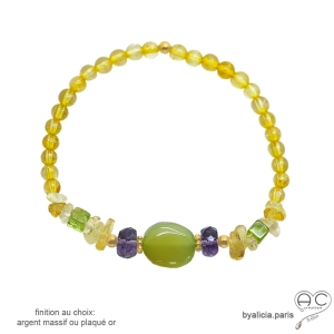 bracelet élastique avec pierres naturelles, calcédoine verte, citrine, finition plaqué or ou argent
