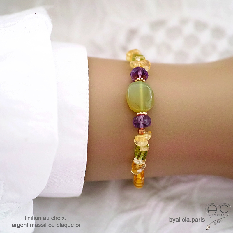 Bracelet en calcédoine verte, citrine, améthyste et peridot, pierres naturelles sur élastique, fait main, création by Alicia