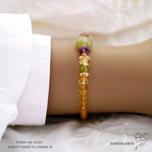 Bracelet calcédoine verte et citrine sur élastique, plaqué or ou argent fait main en France