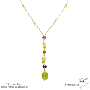 collier cravate pierres naturelles calcédoine verte, améthyste, citrine, peridot, plaqué or ou argent, fait main en France