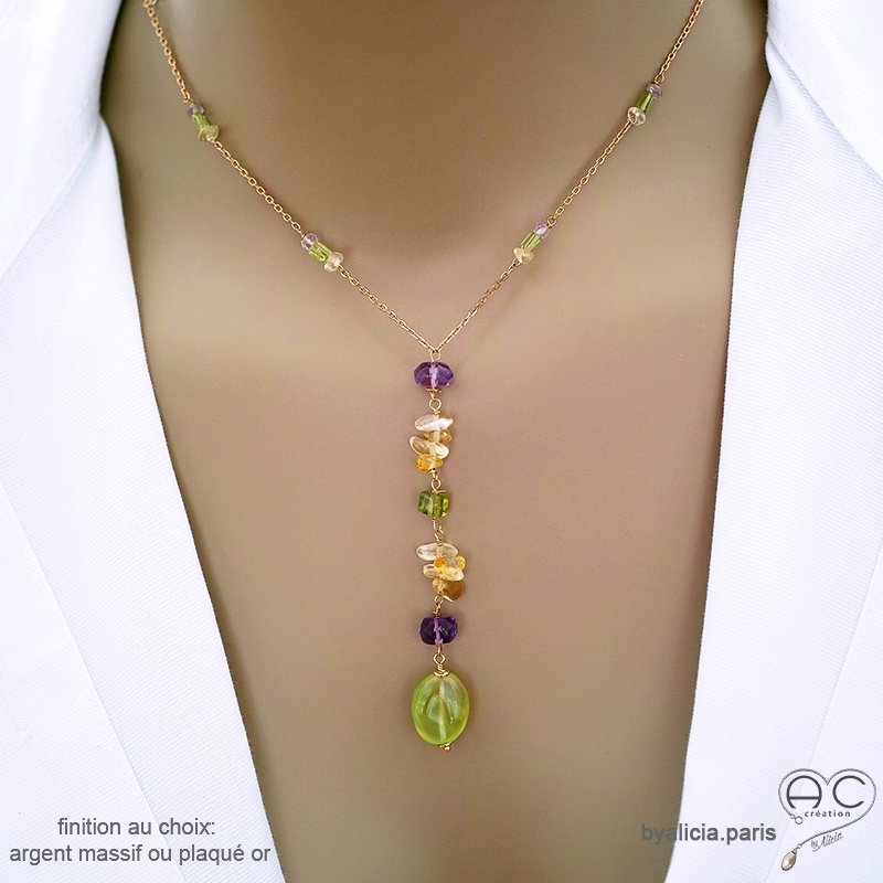 Collier cravate en calcédoine verte, citrine, améthyste et peridot, chaîne plaqué or ou argent, fait main, création by Alicia