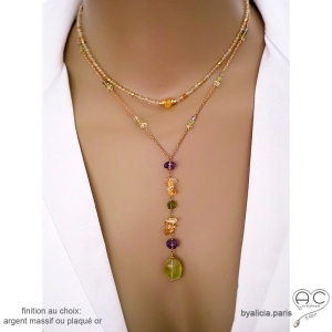 bijou créateur français collier cravate en pierres semi-précieuses, vert jaune violet, sur argent ou plaqué or, artisanal