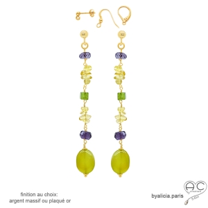 Boucles d'oreilles longues plaqué or ou argent avec calcédoine verte, citrine, améthyste, peridot, pierres naturelles, fait main
