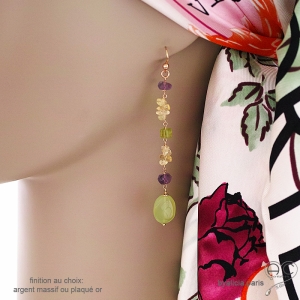 Boucles d'oreilles longues en calcédoine verte, citrine, améthyste et peridot, pierres naturelles, fait main, création by Alicia