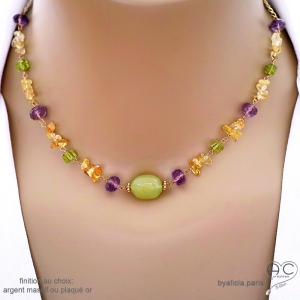 Collier en calcédoine verte, citrine, améthyste et peridot, chaîne plaqué or ou argent, fait main, création by Alicia