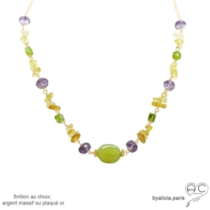 collier pierres naturelles calcédoine, citrine, améthyste, peridot, plaqué or ou argent, fait main en France