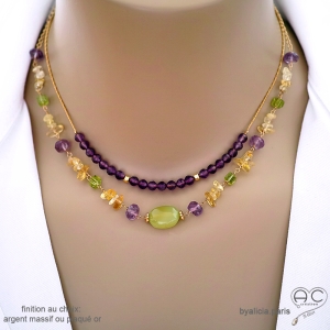 bijou créateur français collier vert jaune en pierres semi-précieuses sur argent ou plaqué or, artisanal