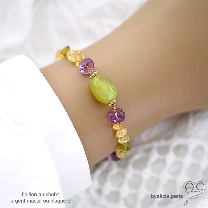 Bracelet en calcédoine verte, citrine, améthyste et peridot, plaqué or ou argent, fait main, création by Alicia