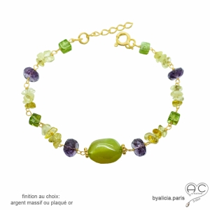 bracelet avec pierres naturelles améthyste calcédoine verte citrine finition argent ou plaqué or, créateur français