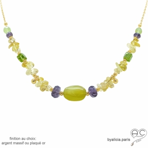 collier pierres semi-précieuses calcédoine verte, améthyste, citrine, peridot, plaqué or ou argent, fait main en France
