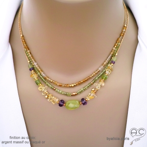 bijou créateur français collier vert jaune en pierres naturelles sur argent ou plaqué or, artisanal