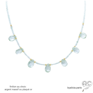 collier pampilles gouttes en améthyste verte finition plaqué or ou argent, artisanal