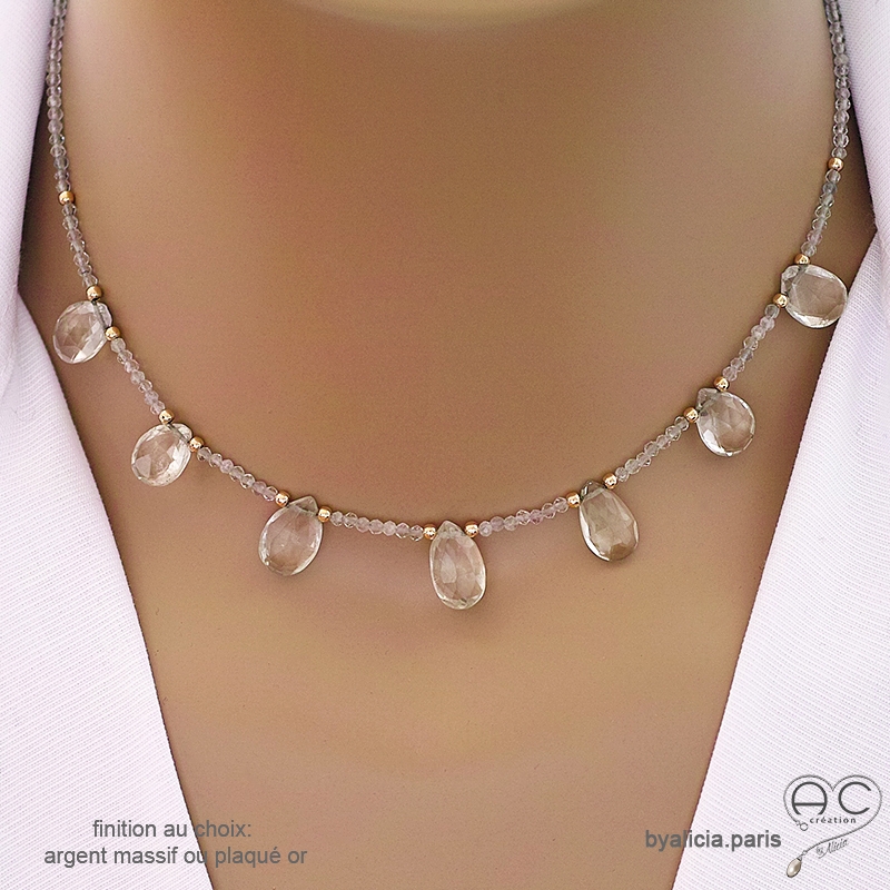 Collier amethyste verte, prasiolite, pampilles gouttes, ras de cou fin, pierre fine, fait main, création by Alicia