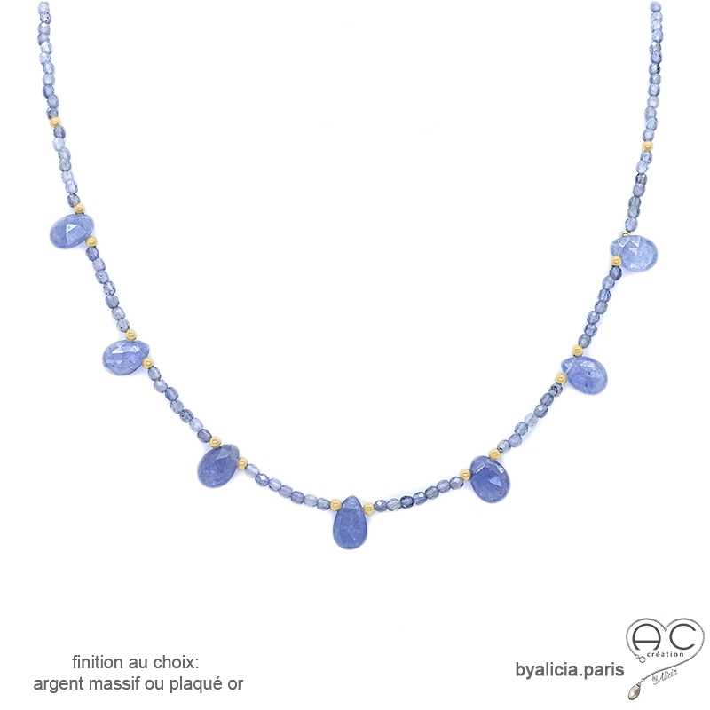Collier saphir d'eau et pampilles gouttes en tanzanite, pierres fines, ras de cou fin, fait maim, création by Alicia