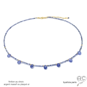 collier pierre naturelle tanzanite gouttes, finition plaqué or ou argent, fait main