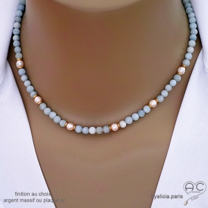 Collier femme aigue-marine et perles de culture d'eau douce, ras de cou pierre naturelle bleue