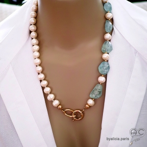 gros collier femme en perle d'eau douce et aigue-marine avec grand fermoir plaqué or, fait main, artisanal