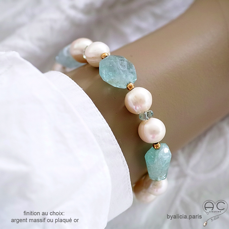 Bracelet perles d'eau douce et aigue-marine, finition en plaqué or ou en argent, fait main by Alicia