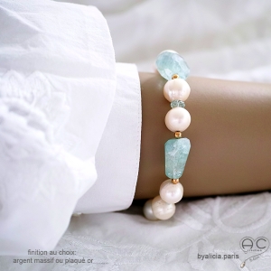 gros bracelet femme en perle de culture et aigue-marine, fait main, créateur français