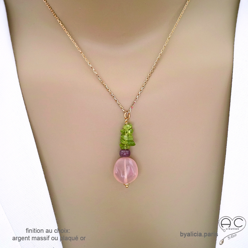 Collier pendentif en calcédoine rose, peridot, rubis, pierres naturelles, fait main, création by Alicia