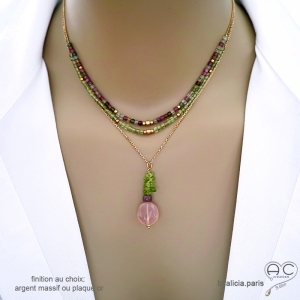 collier pierres naturelles vert rose rouge fait main