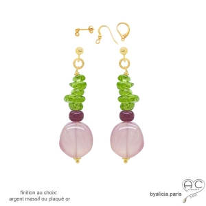 Boucles d'oreilles plaqué or ou argent avec calcédoine rose, peridot, rubis, pierres naturelles, fait main en France