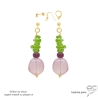 Boucles d'oreilles plaqué or ou argent avec calcédoine rose, peridot, rubis, pierres naturelles, fait main en France