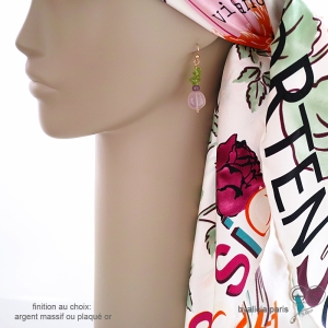 boucles d'oreilles créateur français en pierres semi-précieuses calcédoine rose, peridot plaqué or ou argent