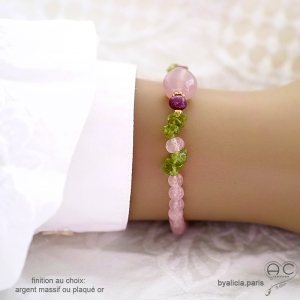 Bracelet calcédoine rose, péridot, rubis sur élastique, plaqué or ou argent fait main en France