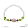 bracelet élastique avec pierres naturelles calcédoine rose, péridot, rubis, finition plaqué or ou argent
