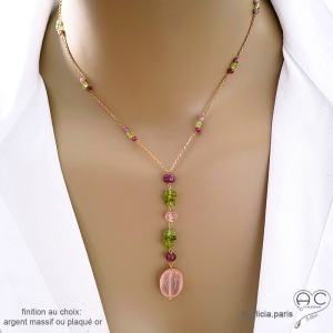 Collier cravate en calcédoine rose, péridot et rubis, chaîne plaqué or ou argent, fait main, création by Alicia
