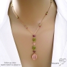 Collier cravate en calcédoine rose, péridot et rubis, chaîne plaqué or ou argent, fait main, création by Alicia
