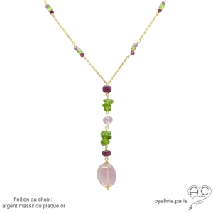 collier cravate pierres naturelles calcédoine rose, péridot, rubis, plaqué or ou argent, fait main en France