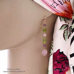 Boucles d'oreilles longues en calcédoine rose, péridot et rubis, pierres naturelles, fait main, création by Alicia