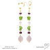 Boucles d'oreilles longues plaqué or ou argent avec calcédoine rose, péridot, rubis, pierres naturelles, fait main