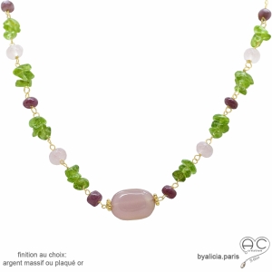 collier pierres naturelles calcédoine rose, péridot, rubis, plaqué or ou argent, fait main en France