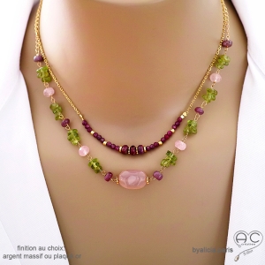 bijou créateur français collier en pierres semi-précieuses calcédoine rose rubis péridot sur argent ou plaqué or, artisanal