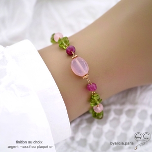 Bracelet en calcédoine rose, péridot et rubis, plaqué or ou argent, fait main, création by Alicia