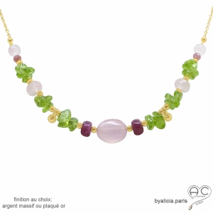 collier pierres semi-précieuses calcédoine rose, péridot, rubis, plaqué or ou argent, fait main en France by Alicia