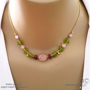 Collier en calcédoine rose, péridot, rubis, chaîne fine plaqué or ou argent, fait main, création by Alicia