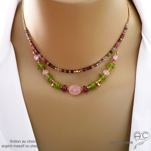 bijou créateur français collier en pierres naturelles calcédoine rose péridot rubis sur argent ou plaqué or, artisanal