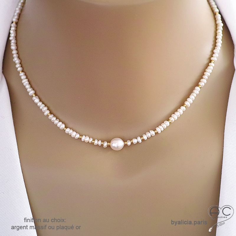 Collier fin perles de culture d'eau douce blanche, ras de cou, fait main, création by Alicia
