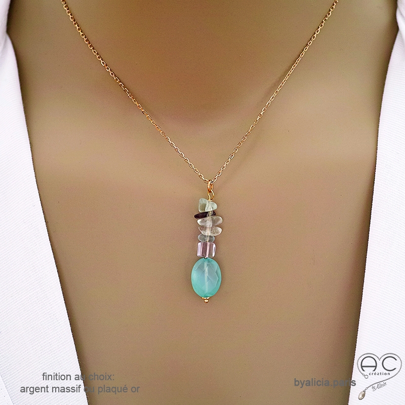 Collier pendentif en calcédoine aqua, fluorite et améthyste claire, pierres naturelles pastel, fait main, création by Alicia