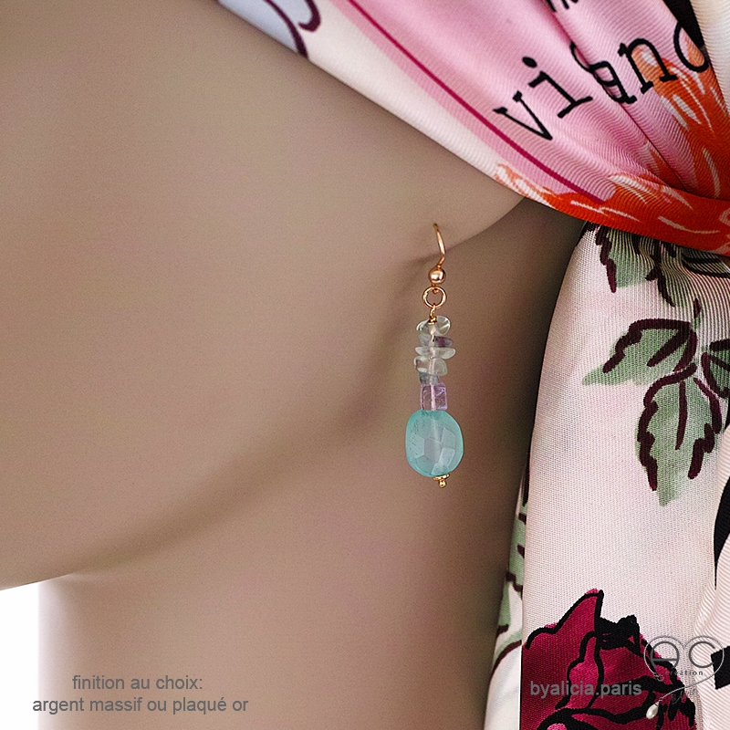 Boucles d'oreilles en calcédoine aqua, fluorite et améthyste claire, pierres naturelles, fait main, création by Alicia