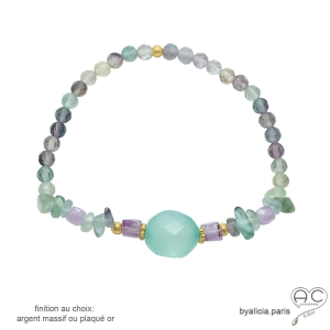 bracelet élastique avec pierres naturelles pastel, fluorite, améthyste, calcédoine aqua, finition plaqué or ou argent